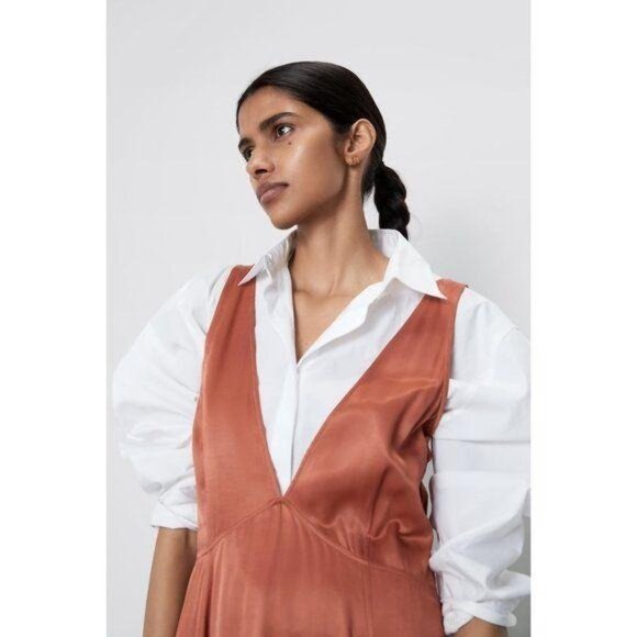 Zara Dusty Pink Satin Plunge V-Neck A-Line Dress Wide Straps Rounded Back - Picture 5 of 8